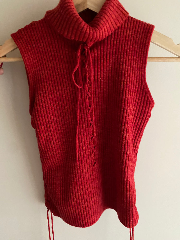 Turtleneck Red Sleeveless String Knit